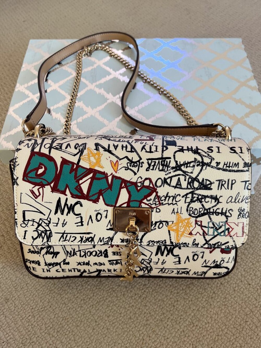 DKNY Graffiti Crossbody Bag with Turquoise and Red Logo